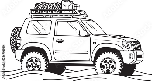 Off-Road SUV on Sandy Terrain Outline.  Adventure travel, safari, and expedition vehicle graphic