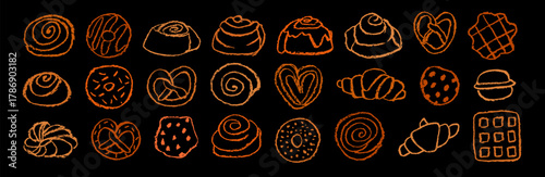 Pastries in color crayon on black background. Donuts, croissants, cakes for bakery illustrations. Buns drawn by chalk