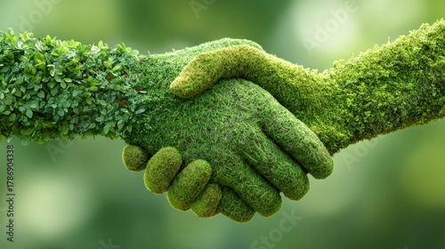Two green hands made of leaves and grass shake hands, symbolizing cooperation and harmony with nature.