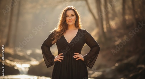 Confident Woman Posing in Nature with Sunlit Background.
