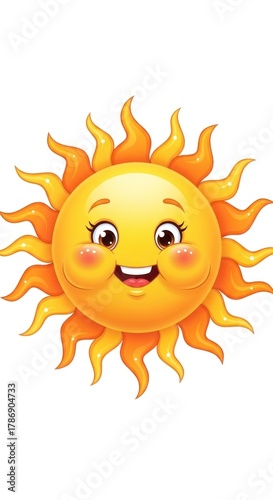 Cute Cartoon Sun Smiling Brightly with Rosy Cheeks and Orange Rays.