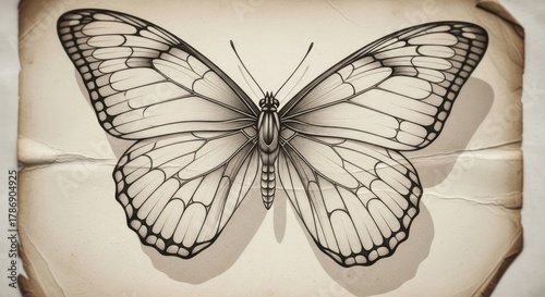 Detailed Butterfly Sketch on Vintage Paper.