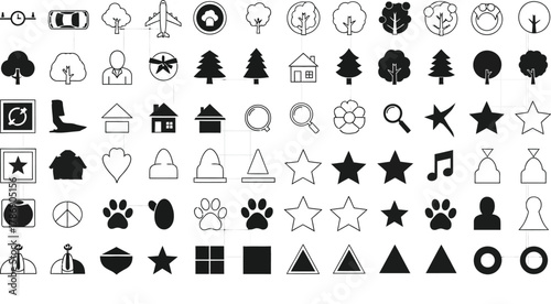 Various black and white icons arranged in a grid pattern on a white background with a light grid