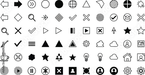 Collection of various black and white ui icons representing different symbols and shapes in a grid layout