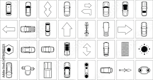 Aerial view of cars and directional icons arranged in a grid pattern on a white background