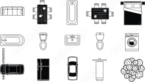 Overhead view of various household objects including furniture and appliances in black and white line art