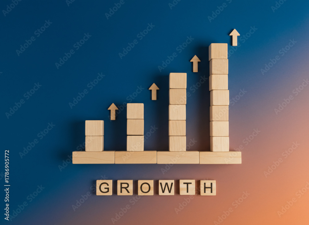 Fototapeta premium Strategic visualization of market growth and financial success, depicted by an ascending bar graph made from wooden blocks