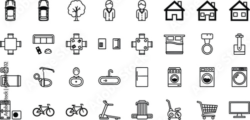 Black and white line art icons depicting cars people houses furniture appliances and other household items