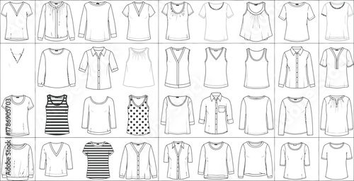 Assortment of various top designs including t shirts blouses and tank tops in a grid pattern layout