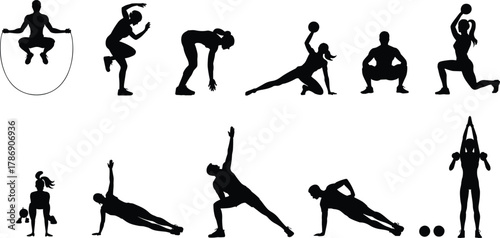 Silhouette illustration of people doing fitness exercises and workout training with dumbbells and ropes representing strength, health, gym, and active lifestyle