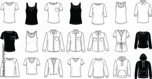 Assortment of black and white shirt and top outlines displayed on a white isolated background