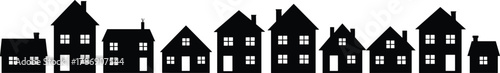 Minimal black house silhouettes row with diverse rooftops, urban residential street design, community neighborhood vector for architecture and planning themes