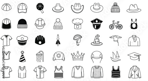 Assorted black and white line art icons of clothing and other objects on a grid background