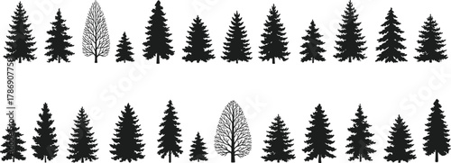 Silhouette illustration of pine and fir trees forest border design, natural woodland landscape vector for nature, outdoor, and environment themes