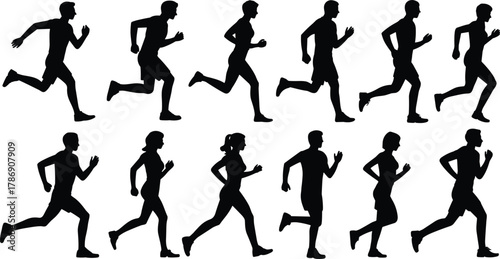 Running Silhouette Collection of Male and Female Athletes in Dynamic Motion Poses for Sports, Fitness, Animation, and Biomechanics Design