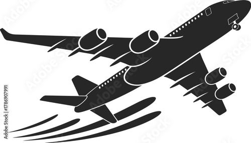 Silhouette of a commercial airplane taking off with motion lines, landing gear, and four engines in dramatic upward flight angle