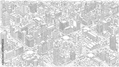 Isometric line art illustration of a densely populated city with buildings and streets view from above