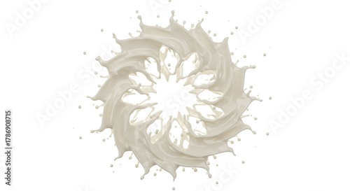 Dynamic splash of creamy liquid forming a captivating radial design against pure white backdrop