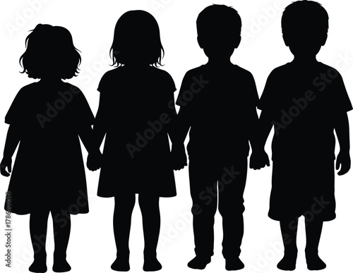 Silhouette of four children holding hands in unity, boys and girls standing together, friendship, childhood bond, black vector art