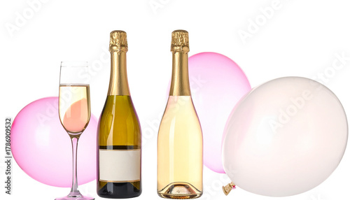 A romantic celebration with a chilled bottle of rosé champagne and two elegant glasses on a white background
