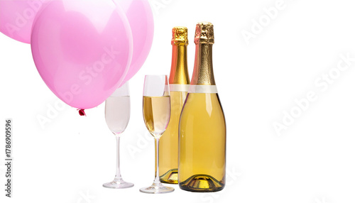 A romantic celebration with a chilled bottle of rosé champagne and two elegant glasses on a white background
