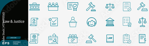 Law justice court legal document system line icon set