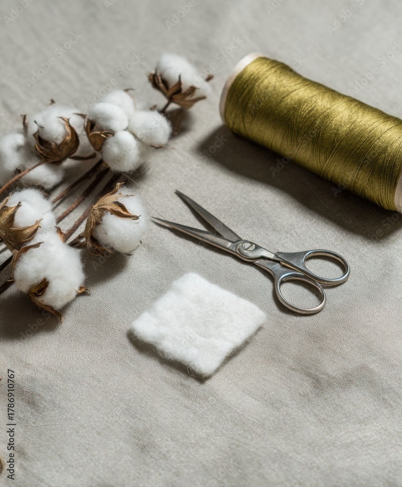 Fototapeta premium Premium Sustainable Fashion Repair Tools Inspiring Calm Focus for Eco-Conscious Marketing and Social Media Content