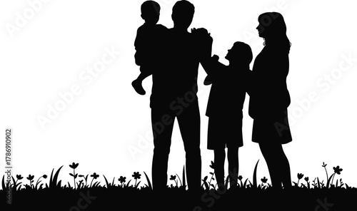Silhouette of Happy Family Standing Together Outdoors with Children on Grass and Flowers in Nature, Love Bonding Parenting Concept
