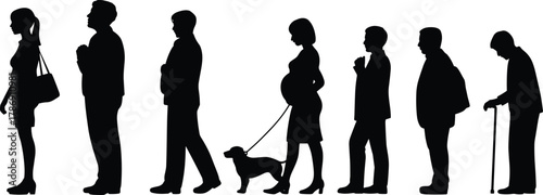 Silhouette of human life stages from youth to old age with dog companion, symbolic vector illustration for emotional storytelling design