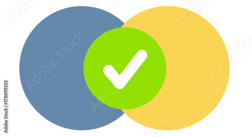 A flat design icon of two overlapping circles with a checkmark, symbolizing collaboration, synergy, and successful agreement