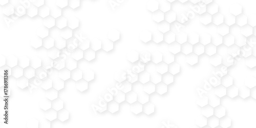 Abstract geometric white surface with hexagonal shapes showing on the right side, digital geometric abstraction with lines and dots, abstract hexagon honeycomb white background.