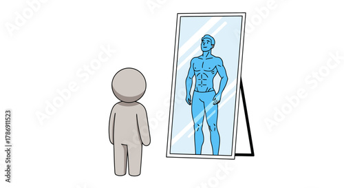 Conceptual illustration of a person looking into a mirror, seeing an idealized, muscular self-reflection, symbolizing aspiration and body image perception