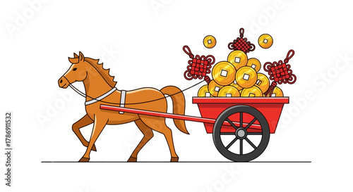 Prosperous Horse and Treasure Cart Illustration with Golden Coins and Red Knots for Wealth and Good Fortune