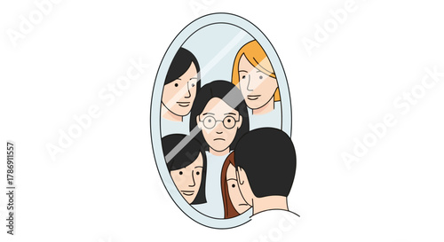 Multiple Reflections in a Mirror Showing Diverse Individuals