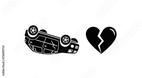 Vector icons of a tragic accident, depicting an overturned car crash and a broken heart symbolizing loss and grief
