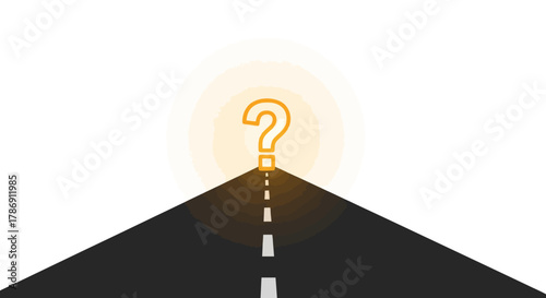 Conceptual illustration of a road leading to a glowing question mark, symbolizing an uncertain future, questions, and the journey ahead