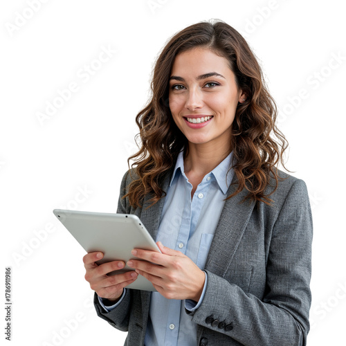 Smiling businesswoman holding a tablet computer in her hands isolated on transparent background