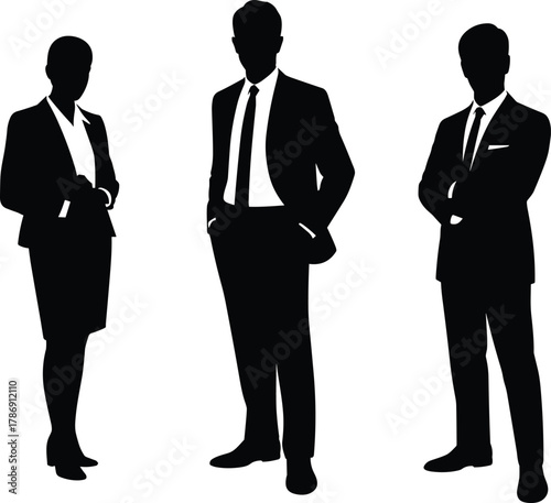Silhouette of professional business people team wearing formal office attire standing together representing teamwork and leadership concept, cad drawing flat vector illustrationSilhouette of 