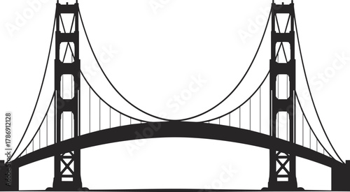 Silhouette of suspension bridge with tall towers and curved cables, iconic architecture, engineering marvel, black and white vector illustration