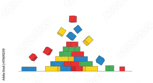 Illustration of a collapsing tower made of colorful building blocks, symbolizing failure, risk, and deconstruction