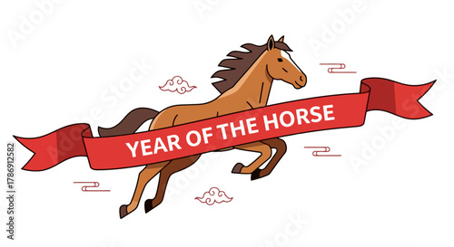 An illustration of a jumping brown horse with a red banner, celebrating the Year of the Horse from the Chinese zodiac