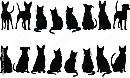 Silhouette pattern of cats and dogs in alternating sequence, ideal for pet-themed design, animal classification, and vector illustration projects.