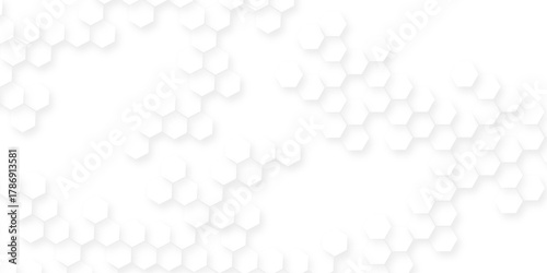 Abstract geometric white surface with hexagonal shapes showing on the right side, digital geometric abstraction with lines and dots, abstract hexagon honeycomb white background.