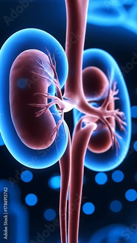 3D Medical Visualization of Kidneys and Urinary Tract in Blue and Red Hues Kidney Disease Awareness Theme Health Complication and Medical Research Seamless Loop Animation