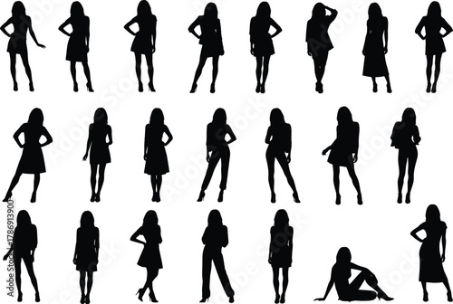 Silhouette poses of human figure in various standing, sitting, walking, and lying positions for animation, design, and reference use.