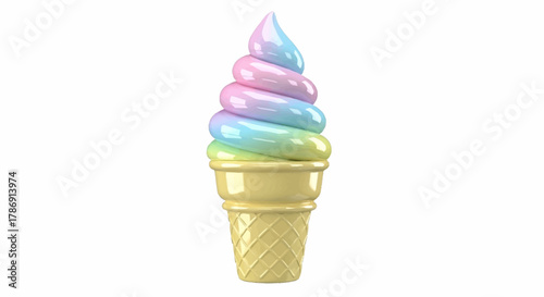 Dreamy pastel rainbow soft serve ice cream cone, a vibrant and delightful sweet treat with a creamy, colorful swirl, captured in a clean 3D render on white