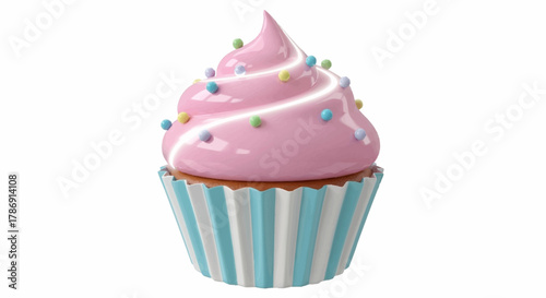 Deliciously rendered 3D cupcake featuring fluffy pink icing and bright confectionery sprinkles, ideal for birthdays, parties, and sweet celebrations