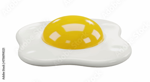 A close-up, isolated shot of a perfectly cooked fried egg with a bright yellow yolk, set against a clean white background