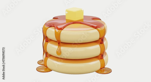 A stylized 3D illustration of a delicious stack of fluffy pancakes topped with melting butter and dripping golden syrup, isolated on a light background