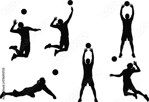 Silhouette set of dynamic volleyball players in action poses, jumping, diving, serving, blocking, spiking, isolated on white background.